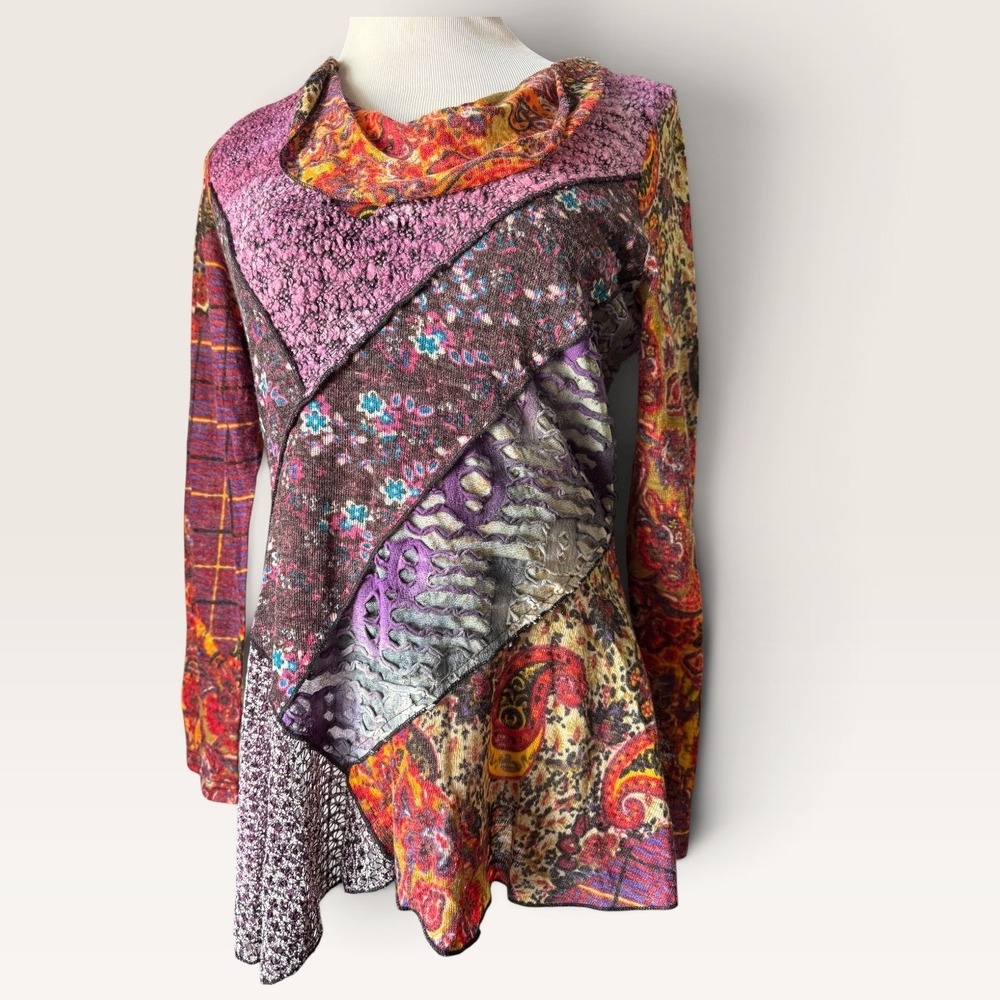 Feratelli Top Womens Medium Patchwork Paisley Purple Orange Acryli Knit Boho 90s